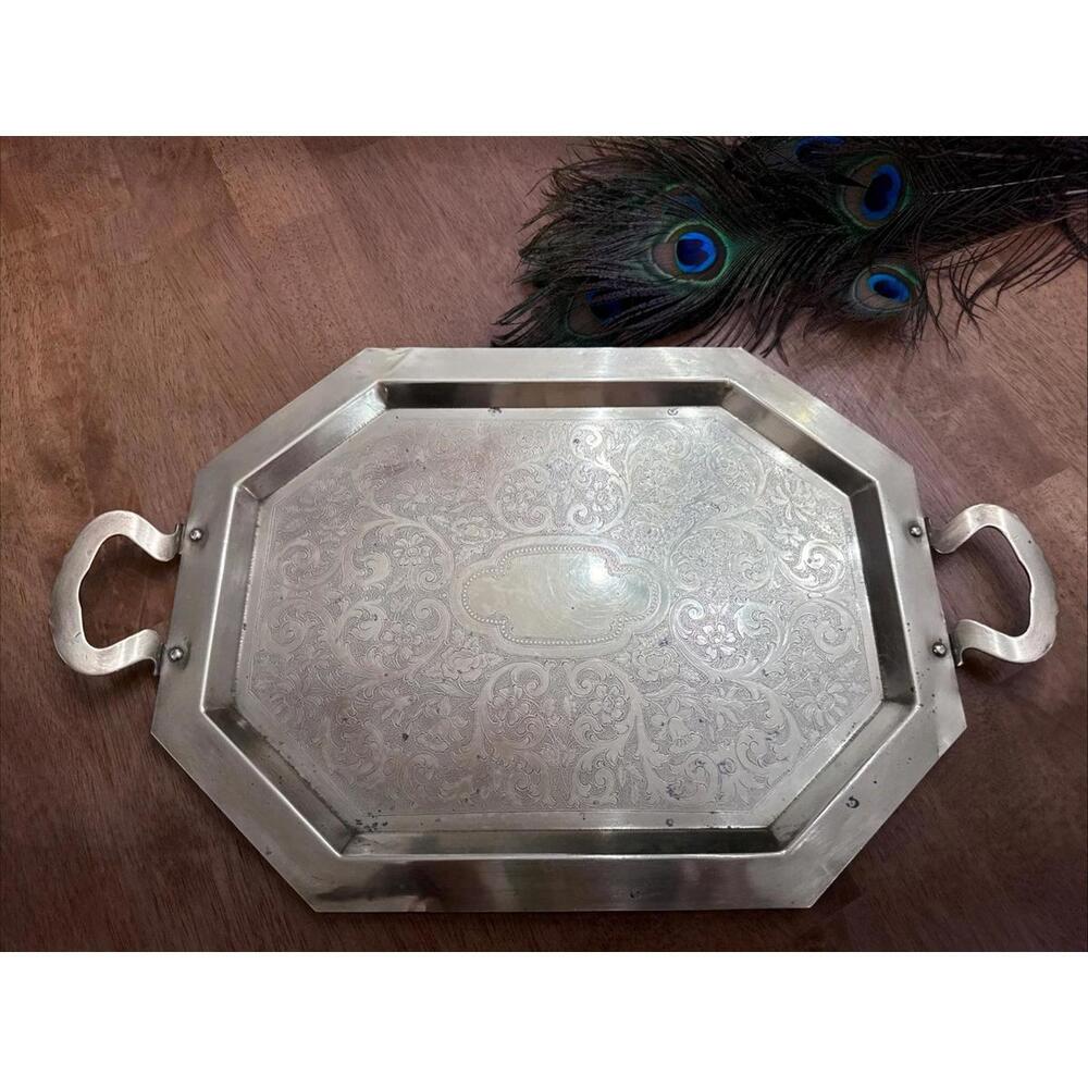 VTG Etched Solid Brass Serving Tray Handles Ornate Patina 18x11” Boho Cottage